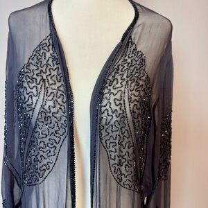 J Kara Vintage Sheer Black Silk Beaded Duster